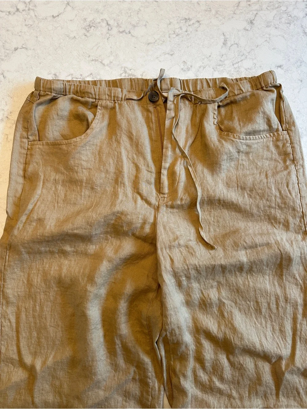 Banana Republic The Studio Wide Leg Drawstring Pant in Linen - Faded Khaki